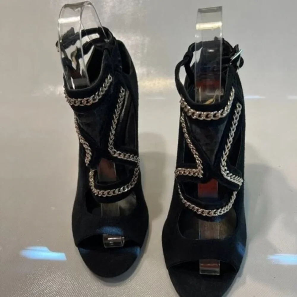 Brian Atwood Chain Link Suede Cage Sandals Womens 8 Black Excellent Stiletto